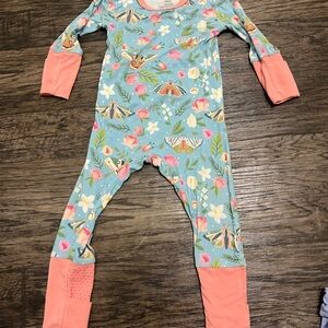 Blue Floral & Moth Print Kids One-Piece Pajamas with Coral Cuffs